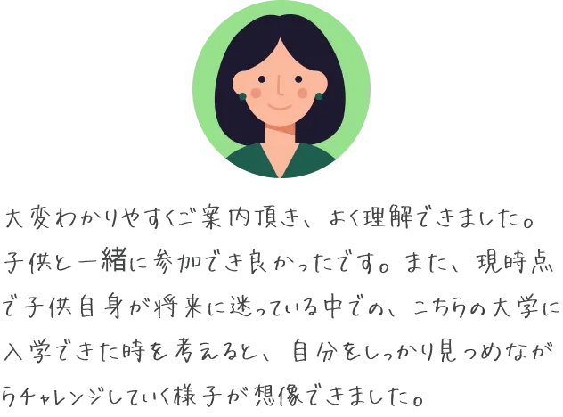 大変わかりやすくご案内頂き、よく理解できました。子供と一緒に参加でき良かったです。また、現時点で子供自身が将来に迷っている中での、こちらの大学に入学できた時を考えると、自分をしっかり見つめながらチャレンジしていく様子が想像できました。